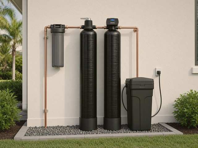 Sweet Spot Dual Tank (water softener + chlorine filter): sediment filter, two black tanks and a brine tank on a rock pad against a stucco wall