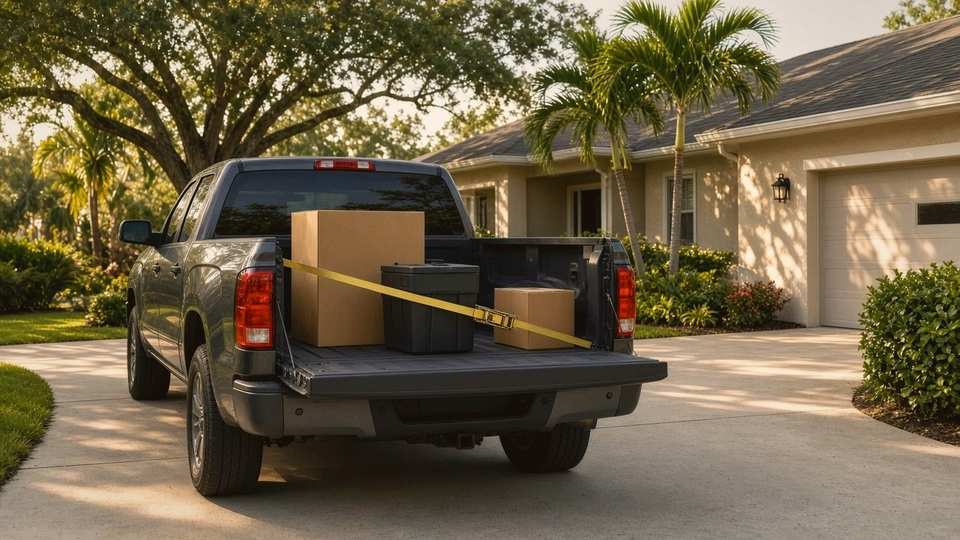 Pickup truck in a Florida driveway with a boxed water softener tank and brine tank strapped in the bed
