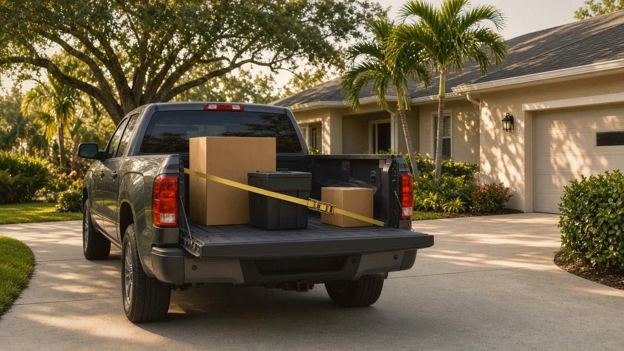 Pickup truck in a Florida driveway with a boxed water softener tank and brine tank strapped in the bed