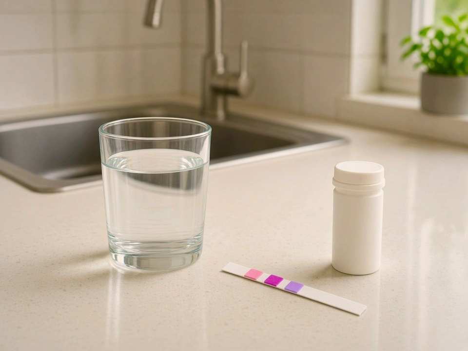Glass of tap water next to a water hardness test strip and test strip vial on a kitchen counter