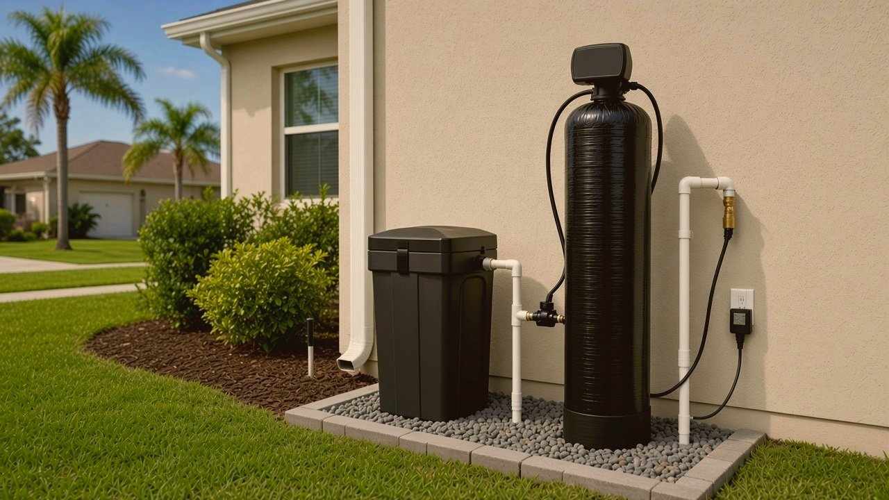 Black water softener tank and brine tank on a paver-bordered river rock pad beside a Florida stucco home