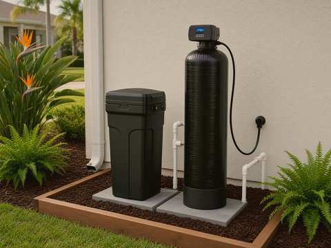 Water softener and brine tank on paver slabs in a wood-trimmed mulch pad among tropical plants