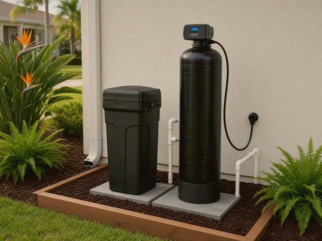 Water softener and brine tank on paver slabs in a wood-trimmed mulch pad among tropical plants