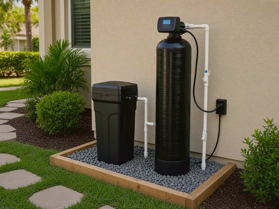 Water softener and brine tank on a wood-trimmed gray river rock pad beside a Florida stucco home