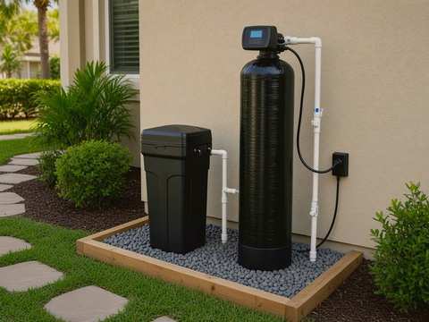 Water softener and brine tank on a wood-trimmed gray river rock pad beside a Florida stucco home