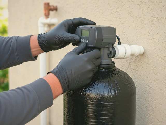 Installer in black work gloves fitting the control valve onto a black water softener tank