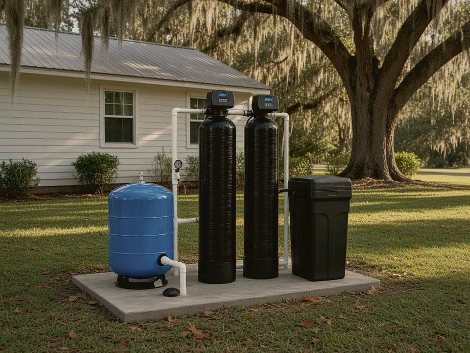 Well water treatment tanks beside a rural home under live oaks, typical of the Macclenny area